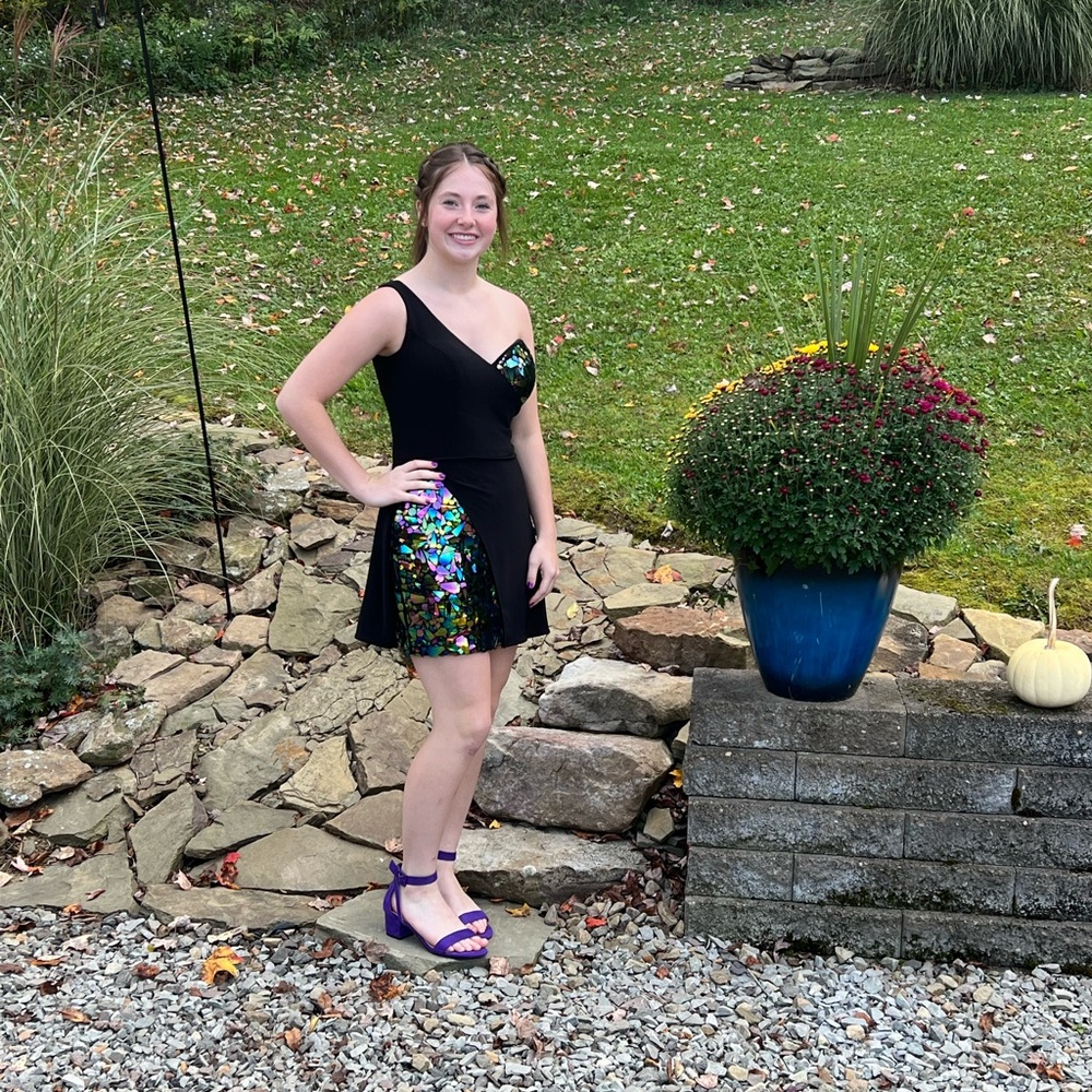 Sequin Black Dress with Purple Sandals